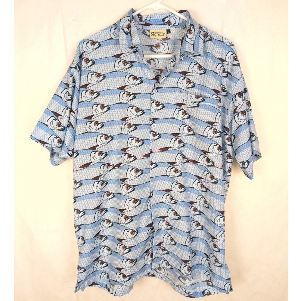 Signals blue fish print performance polo shirt Size Large Active Golf Fisherman